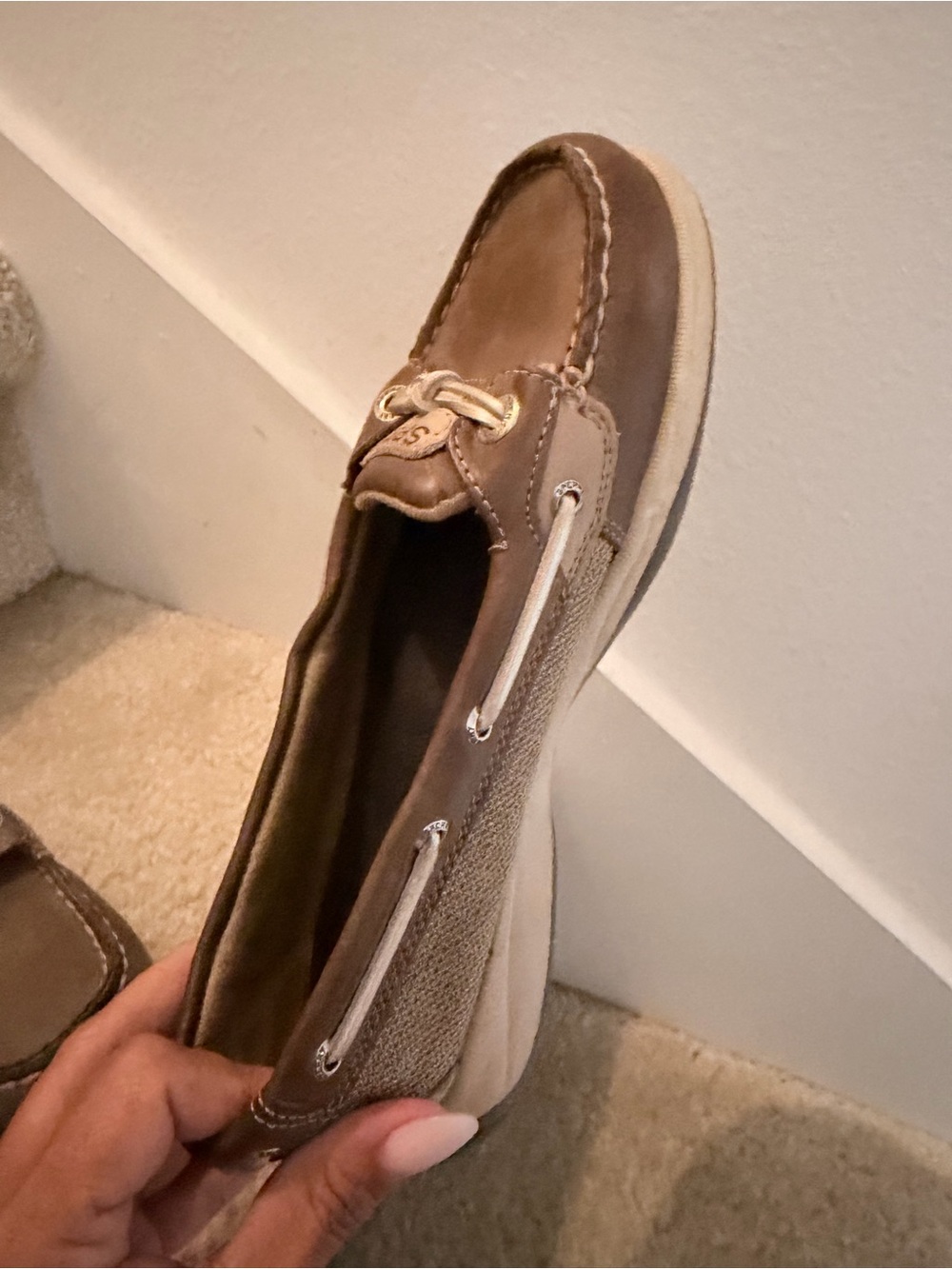Sperry Top Sider Brown Leather Linen Slip On Boat Shoes Sz 7.5